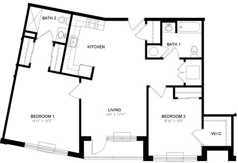 A black and white image of a house floor plan with two bedrooms, a living room, a kitchen, and two bathrooms.